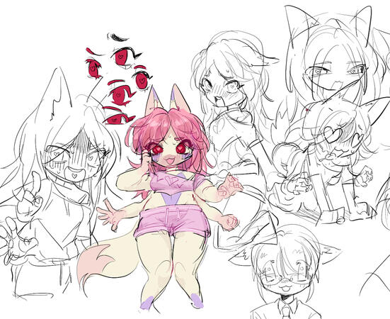 Sketch page + 1 coloured chibi