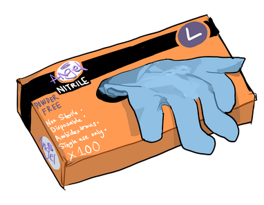 Illustrated box of nitrile gloves that say "L"