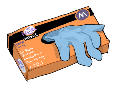Illustrated box of nitrile gloves that say "M"